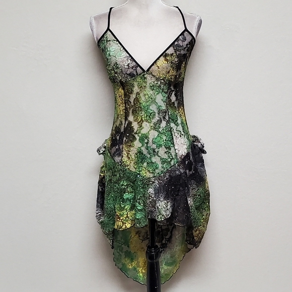 80s Rare Vintage Surprise Parties Green Tie-Dye Sheer Lace Lace-up Bustle Dress - Picture 5 of 16